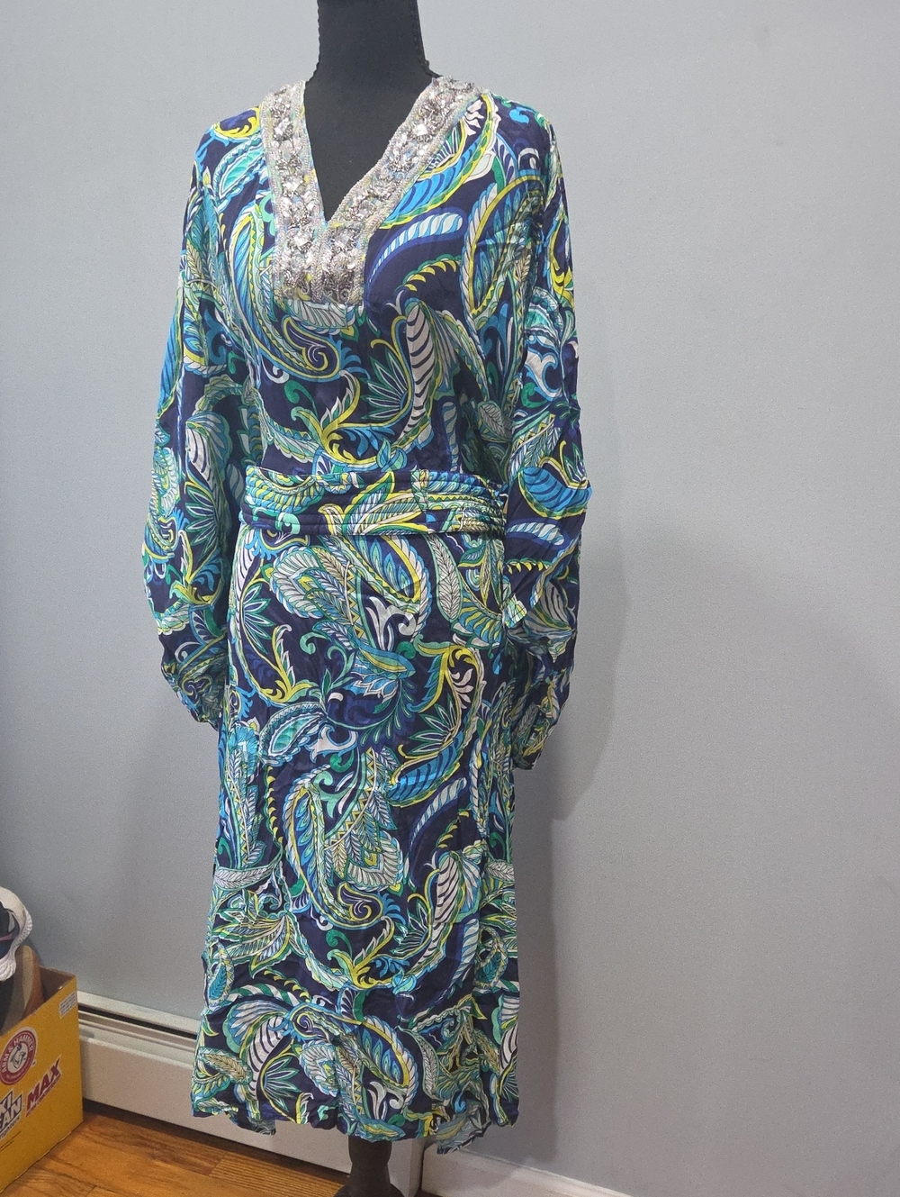 Soft Surroundings Navy & Teal Paisley Long Sleeve Maxi Dress